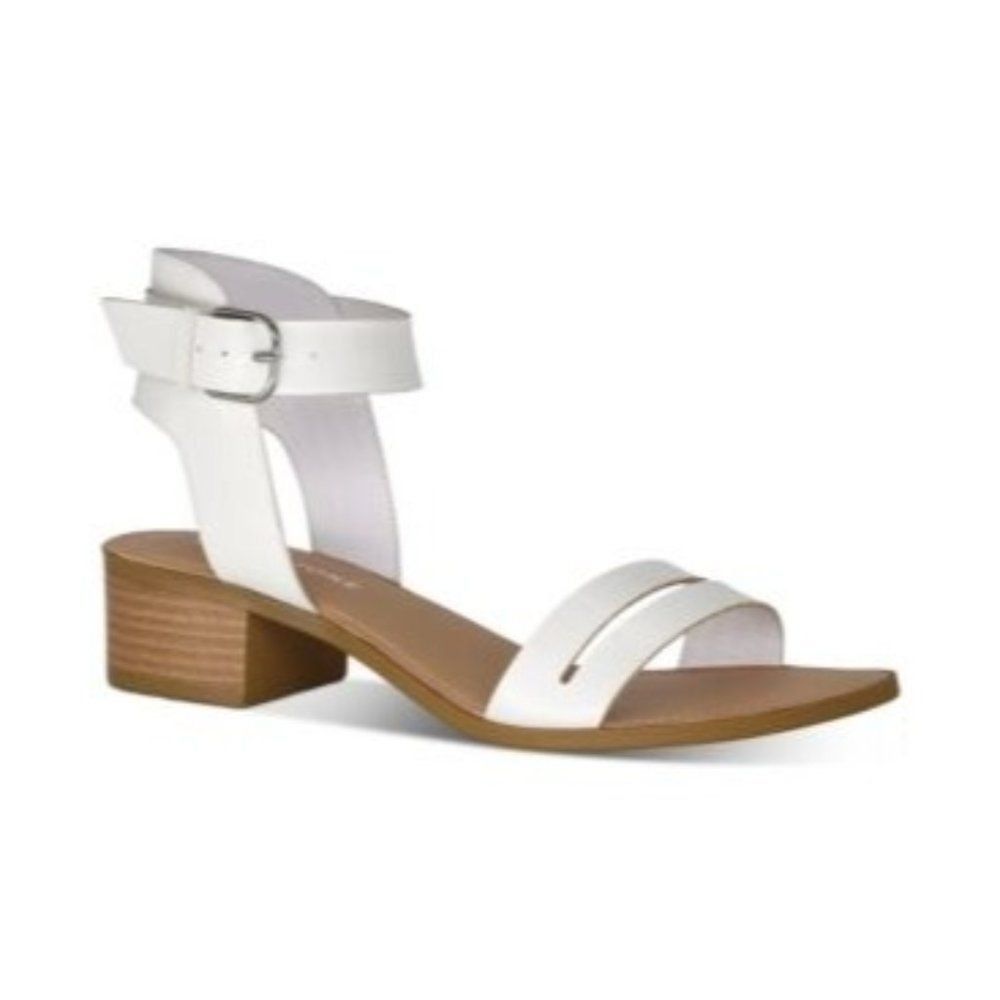 SUN STONE Womens White Ankle Strap Round Toe Block Heel Buckle Sandals Size 10M